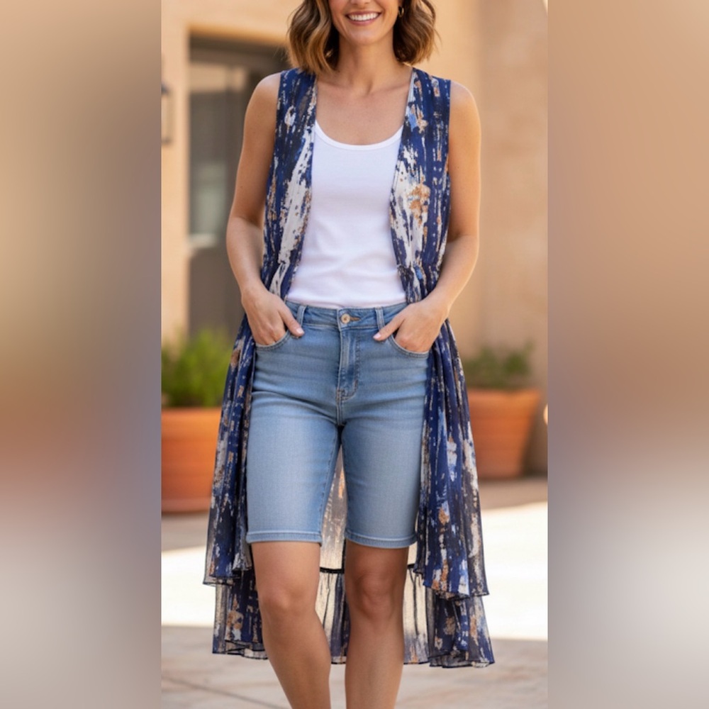Esr 1946 Elegant Blue and Orange Sleeveless Dress Kimono S SEACORE Mermaid BOHO